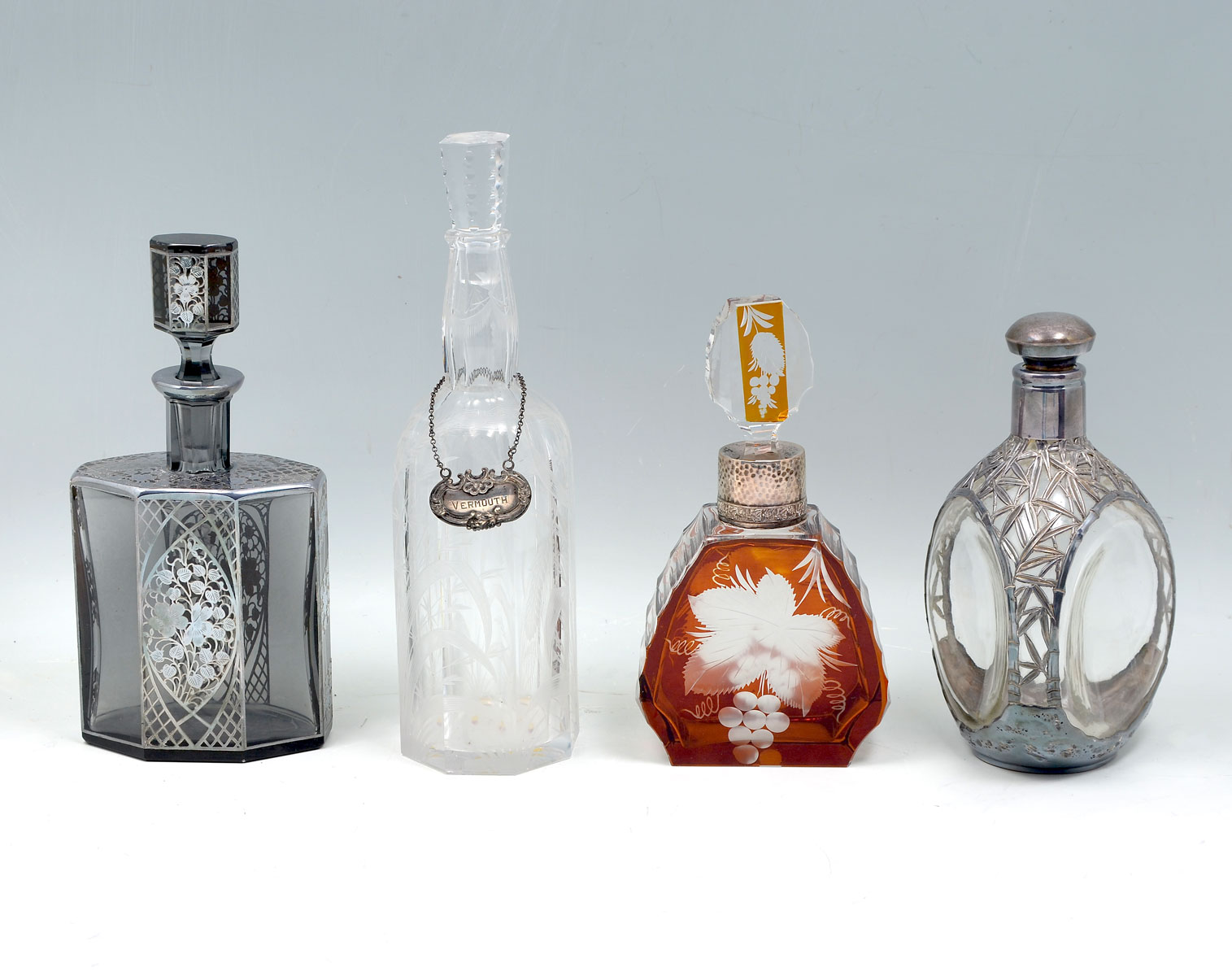 4- PC. GLASS & STERLING DECANTER