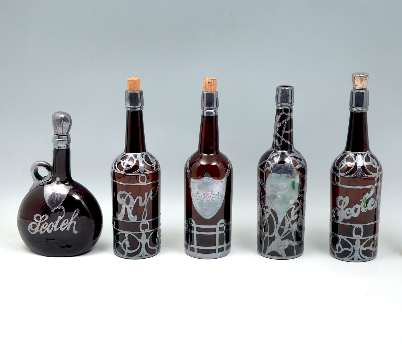 5- PC. BROWN GLASS & STERLING OVERLAY