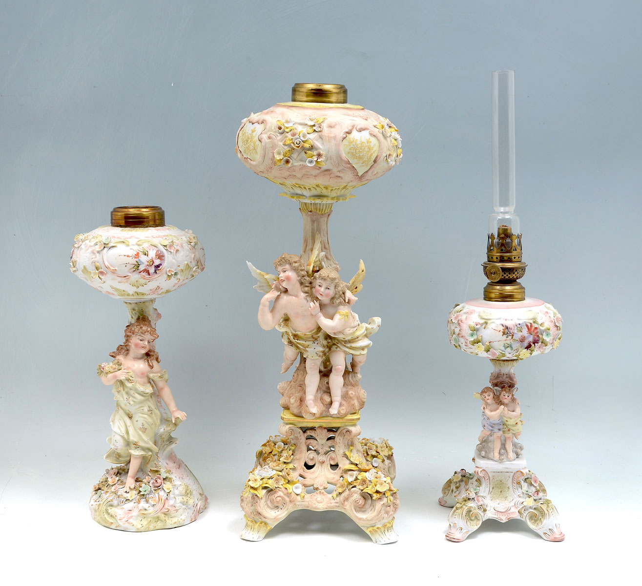 3 DRESDEN STYLE FIGURAL OIL LAMPS: