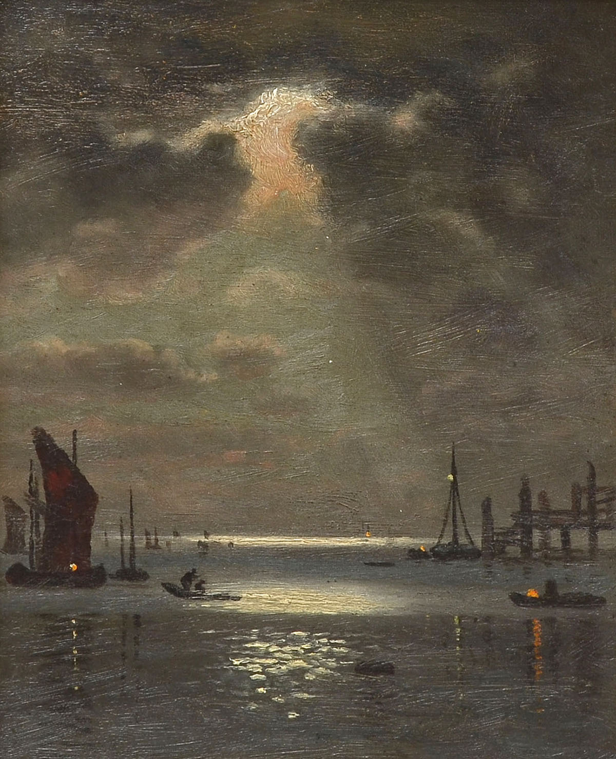 MOONLIT NOCTURNAL HARBOR PAINTING  36d2e0