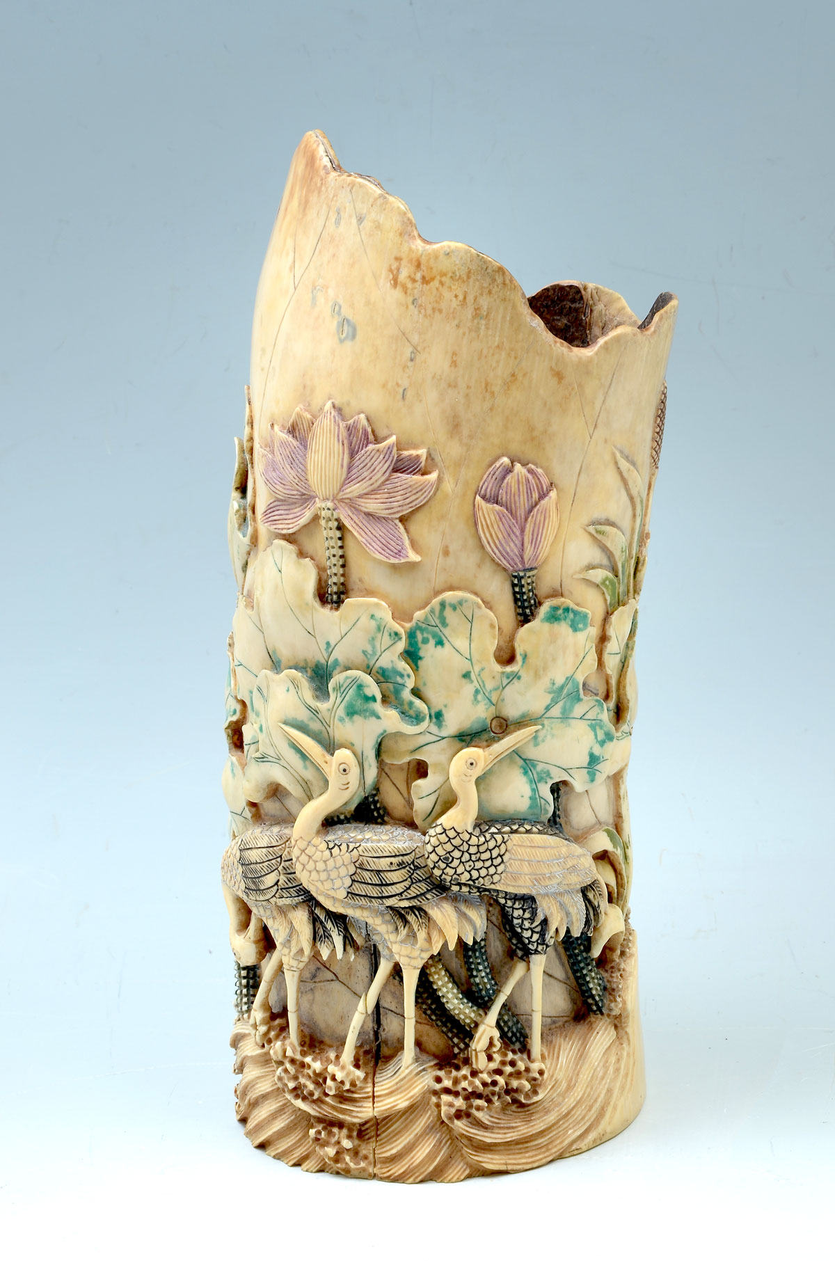 LARGE CARVED & PAINTED IVORY TUSK VASE: