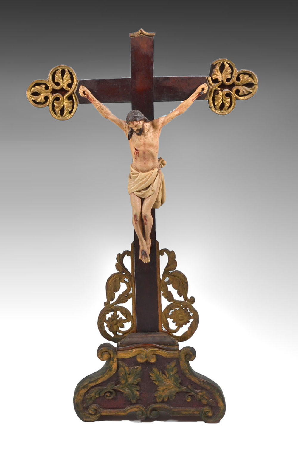 LARGE CRUCIFIX: Carved and polychromed
