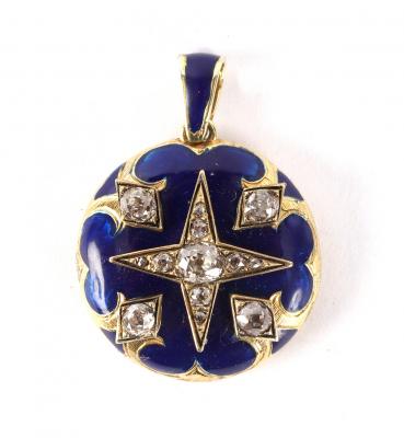 A diamond and blue enamel pendant