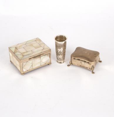 A silver mounted mother-of-pearl box,
