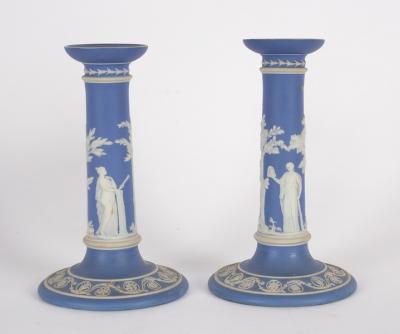 A pair of Wedgwood blue jasper candlesticks,