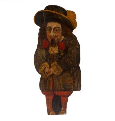 A polychrome pine dummy-board depicting