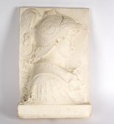 A plaster relief bust, of a helmeted