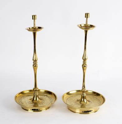 A pair of brass candlesticks, Chinese,