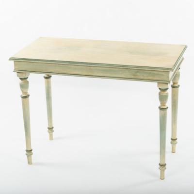 A pair of green and cream painted tables