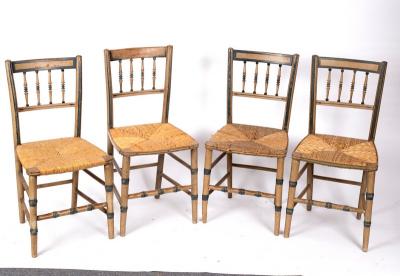 Four spindle back chairs with rush