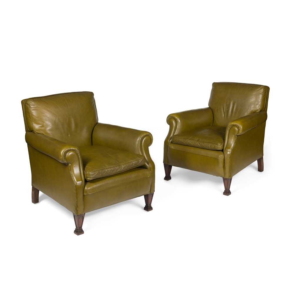PAIR OF GREEN LEATHER LIBRARY ARMCHAIRS
SECOND