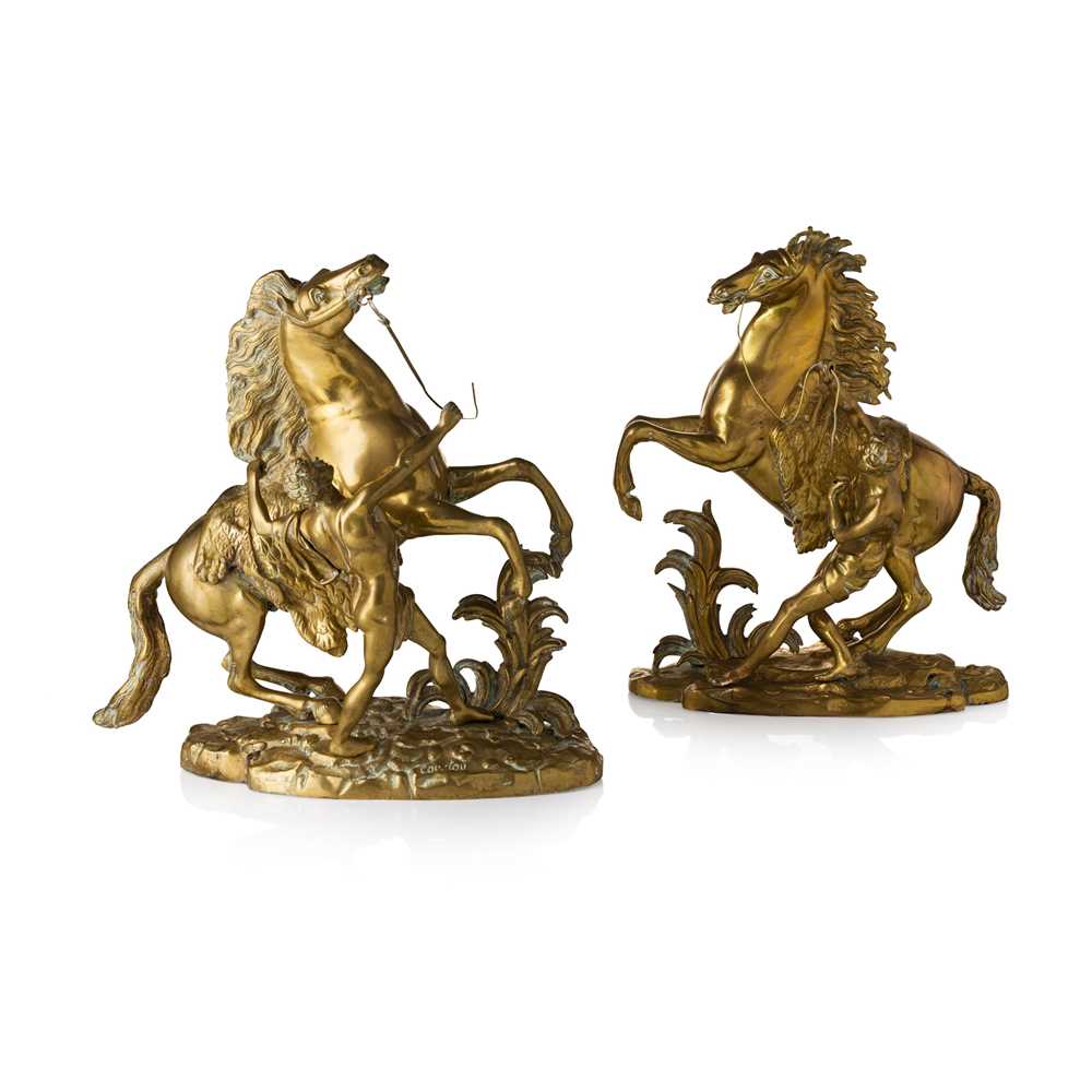 PAIR OF BRASS MARLEY HORSE FIGURES,