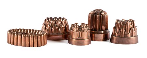 FIVE 19TH C. COPPER BAKING MOLDSFIVE