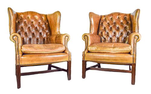 PAIR OF ENGLISH LEATHER WING CHAIRSPair 3700e3