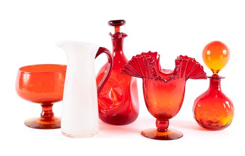 FIVE PIECES OF RED BLENKO GLASSFIVE