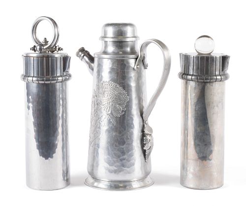 THREE ART DECO HAMMERED ALUMINUM SHAKERSTHREE