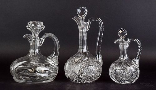 3 CUT GLASS DECANTERS3 American