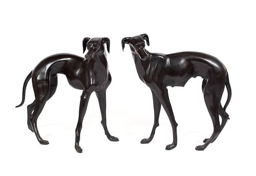 COMPANION PAIR OF LIFE SIZE BRONZE GREYHOUNDSCOMPANION