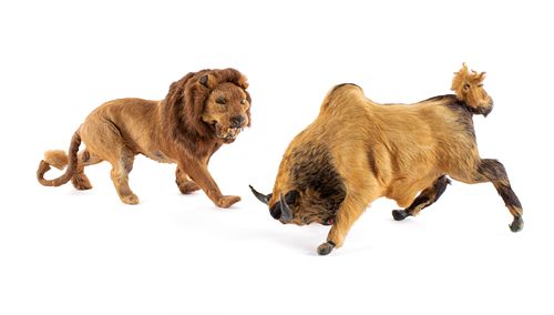 TWO DIMINUTIVE BULL AND LION FIGURESTWO