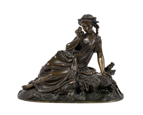 RECLINING BRONZE OF A NYMPH WITH SHELLRECLINING