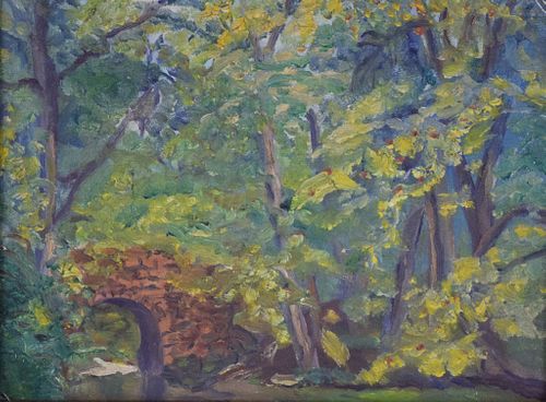 OIL ON PANEL BRIDGE IN WOODED LANDSCAPEUnsigned 37061c