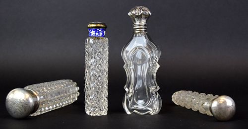 4 GLASS & SILVER PERFUME OR SCENT BOTTLESCut