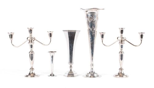 THREE STERLING TRUMPET VASES AND TOWLE