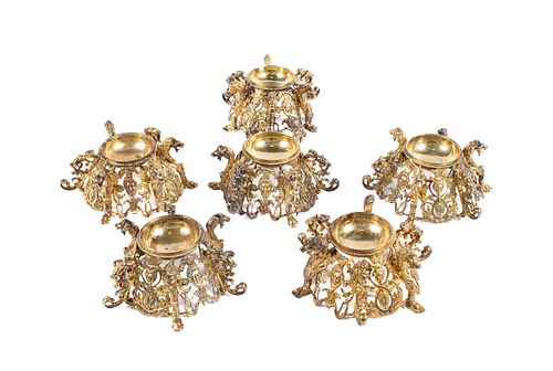 SET OF SIX SILVER GILT OPEN SALTSSET