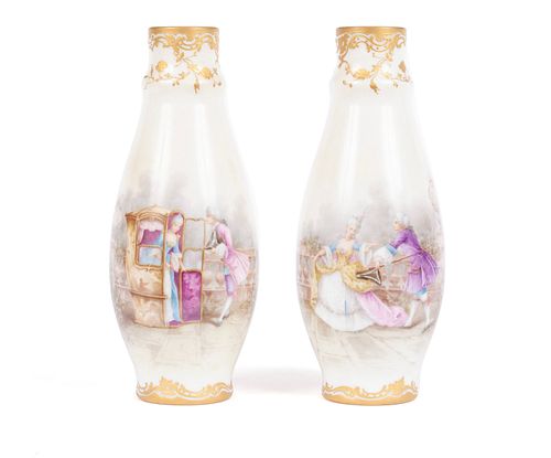 PAIR OF MILK GLASS HAND PAINTED 37073a