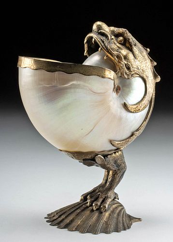 NAUTILUS SHELL SILVER DRAGON DISH 37086a