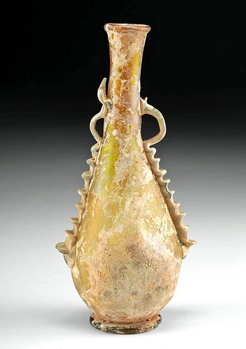 EXHIBITED ROMAN GLASS FLASK W/