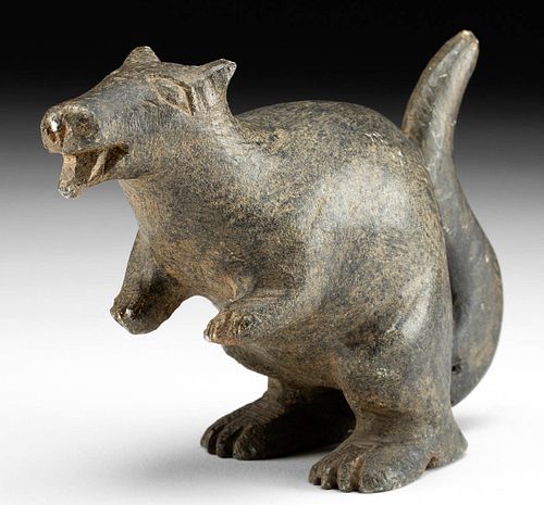 SIGNED 20TH C. INUIT SOAPSTONE SQUIRREL,