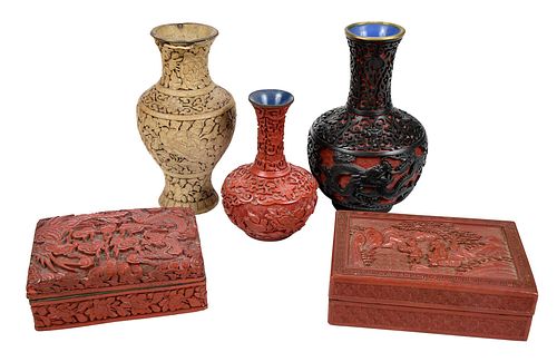 GROUP OF FIVE ASIAN CARVED CINNABAR 3709f4