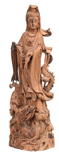 CHINESE CARVED WOOD STANDING GUANYIN 3709f6