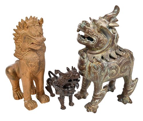 THREE ASIAN METAL LION FIGUREScomprising: