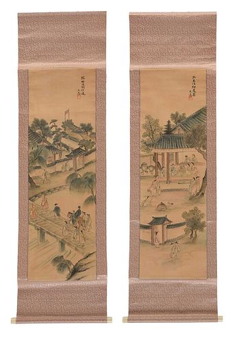 TWO JAPANESE INK AND COLOR SCROLL