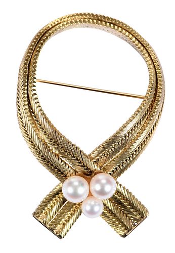 18KT PEARL RIBBON BROOCHthree 370db6