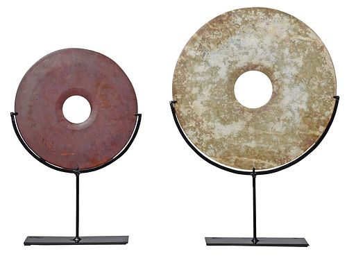 TWO CHINESE JADE BI DISCS ON STANDScomprising  370f85