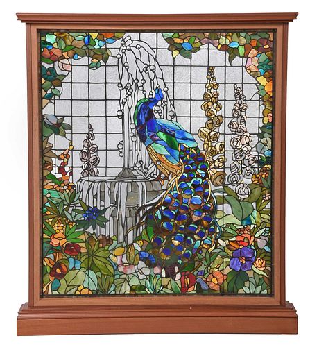 PEACOCK IN FOUNTAIN STAINED GLASS