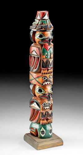 SIGNED 20TH C. TLINGIT CEDAR TOTEM POLE,