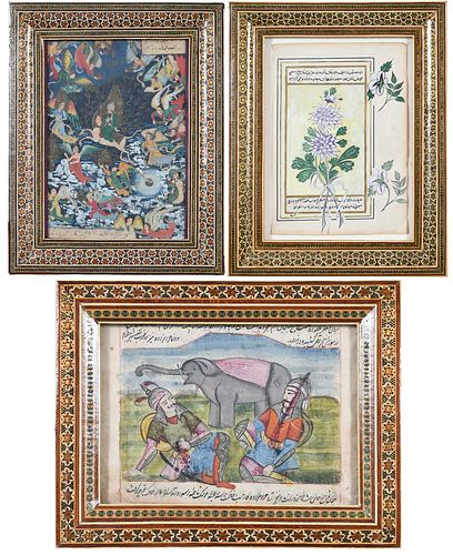 THREE FRAMED MUGHAL MINIATURE PAINTINGS Persian 37123c