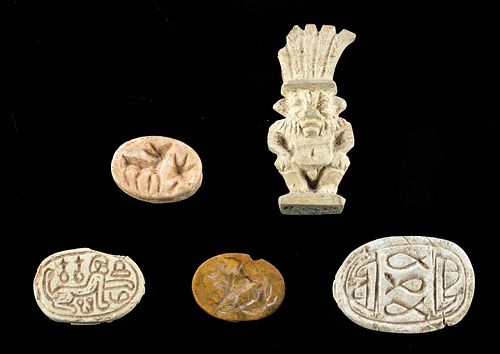 4 EGYPTIAN FAIENCE AMULETS + 1