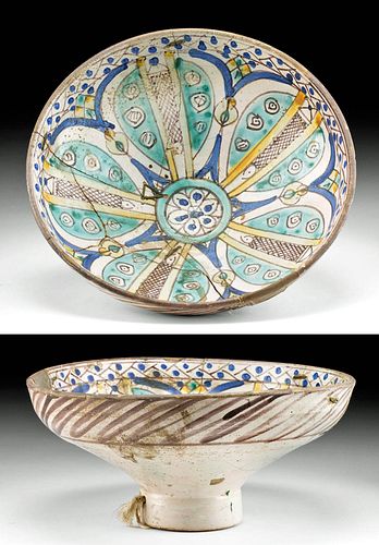 19TH C. MOROCCAN POLYCHROMEFOOTED BOWL,