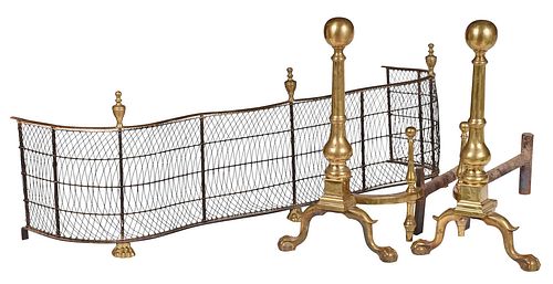 PAIR OF BRASS ANDIRONS AND SERPENTINE