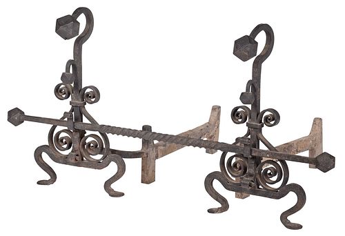 WROUGHT IRON ANDIRON SET WITH BARprobably