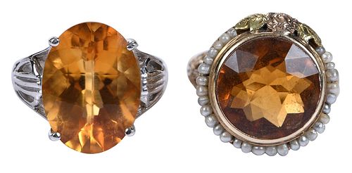 TWO 14KT. CITRINE RINGSone round