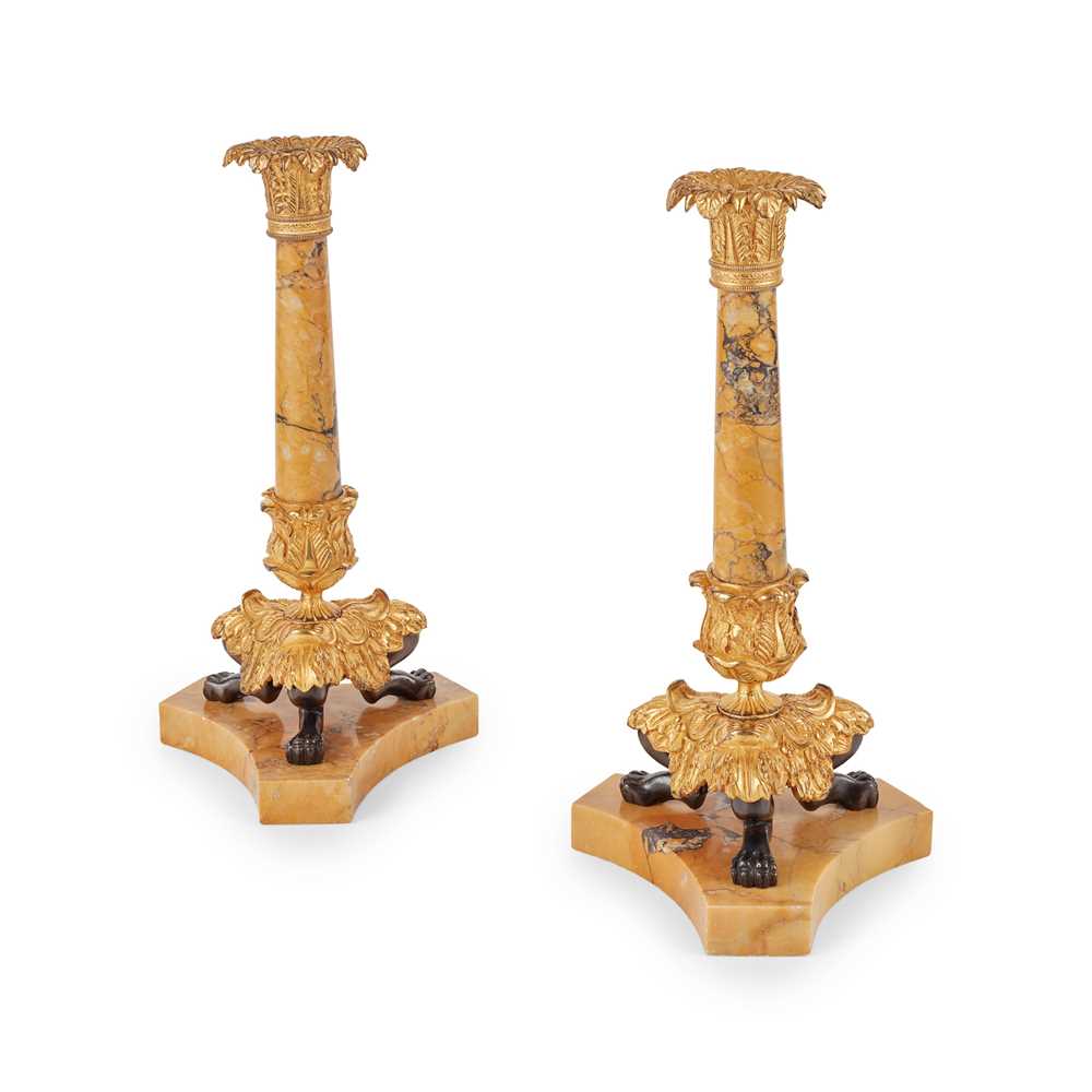 PAIR OF SIENA MARBLE, GILT AND