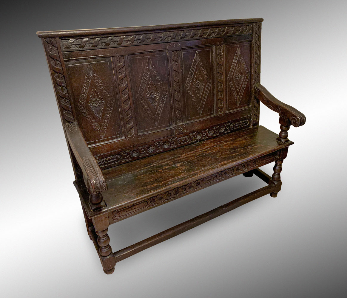 EARLY CARVED OAK BENCH: Early carved