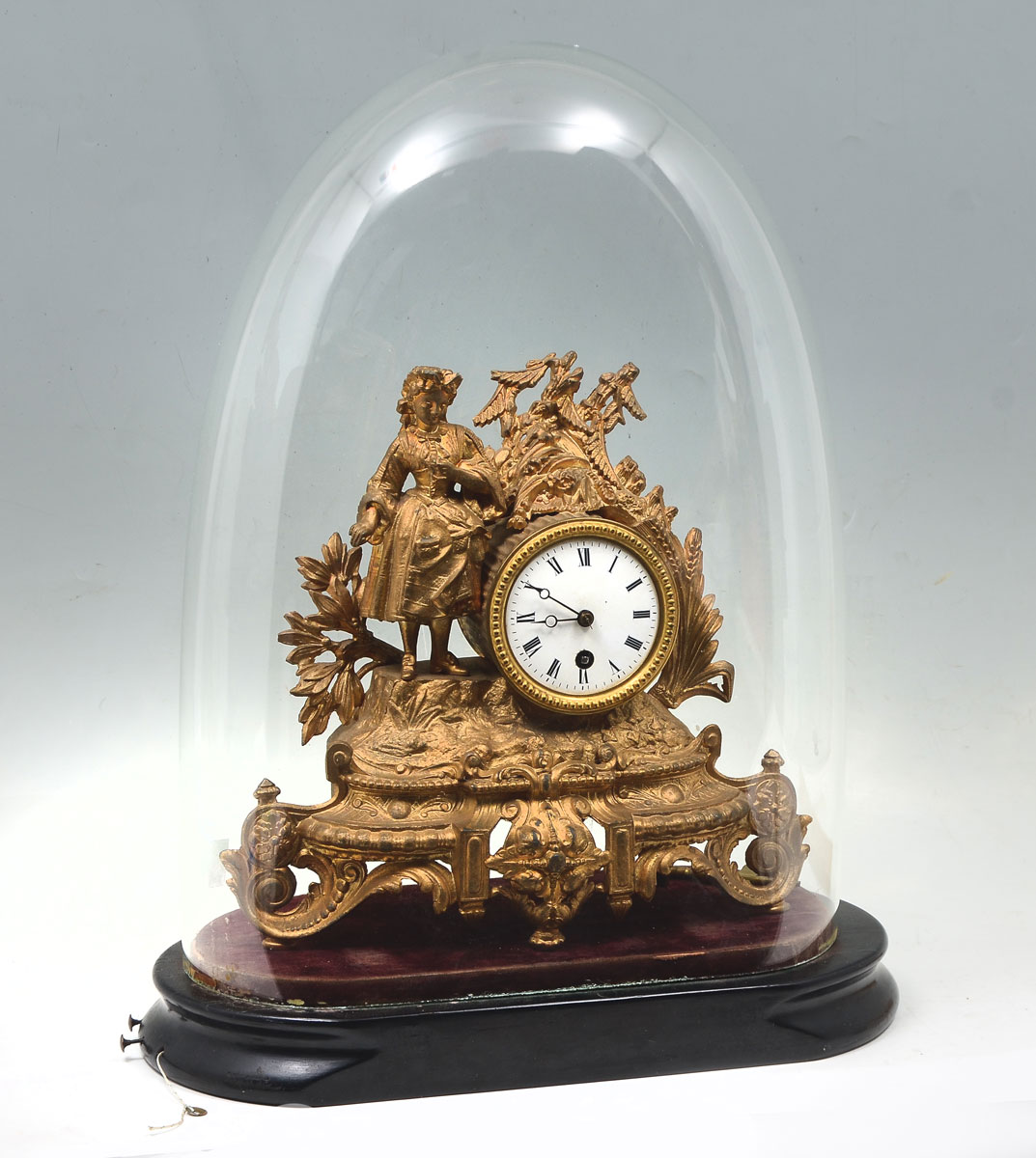 GILT FIGURAL CLOCK UNDER DOME GLASS  36f029