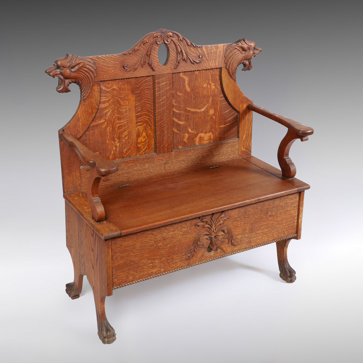 CARVED TIGER OAK BENCH WITH STORAGE  36f158